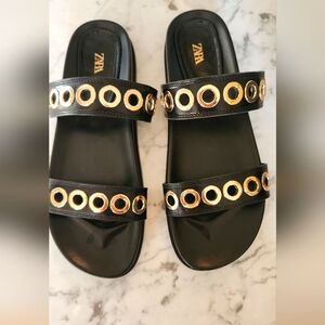 ZARA FLAT SLIDE SANDALS WITH GOLD GROMMETS BLACK SIZE 39 8.5|